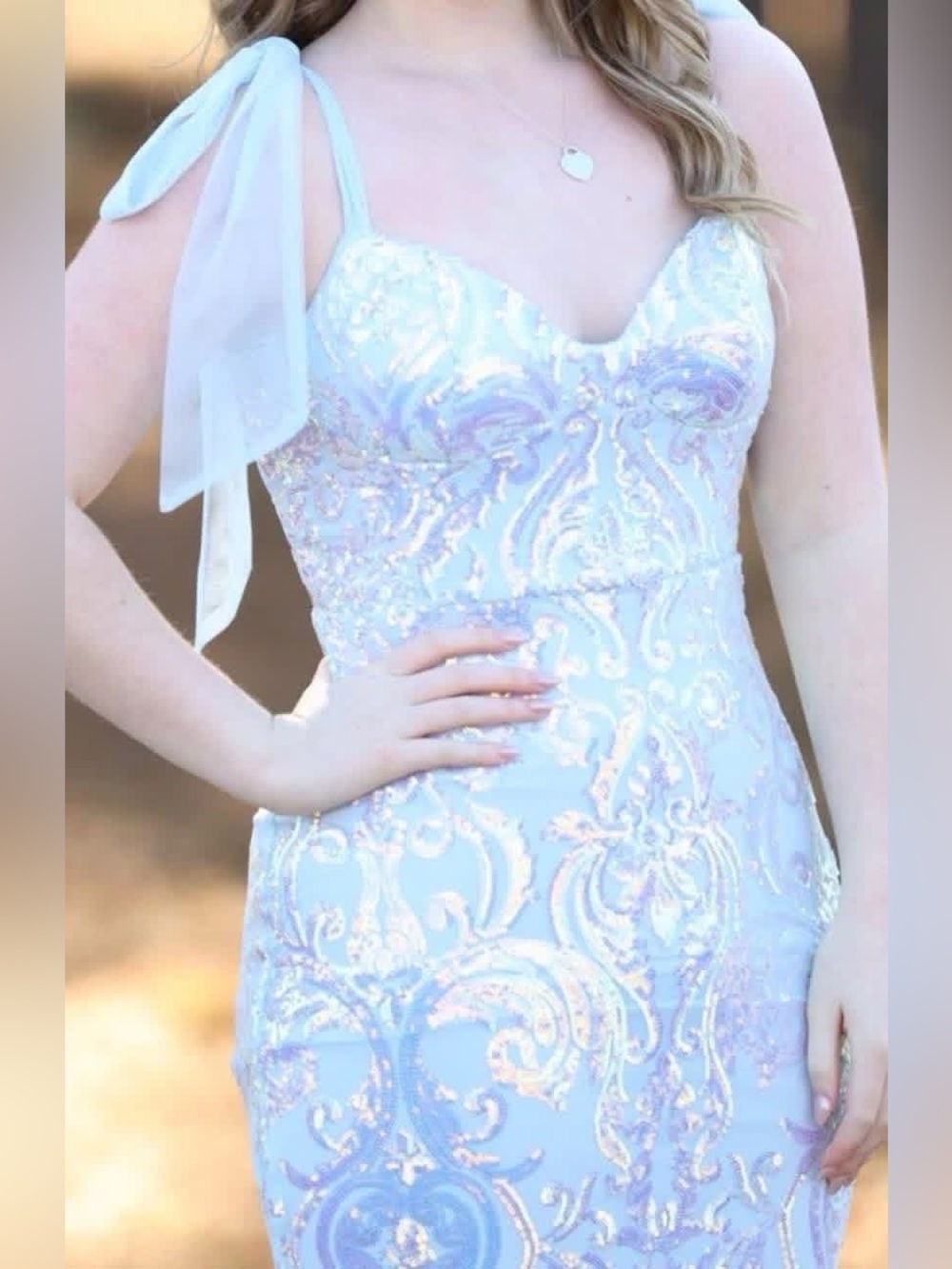 B Darlin Light Blue Sequin Tie-Shoulder Prom Dress